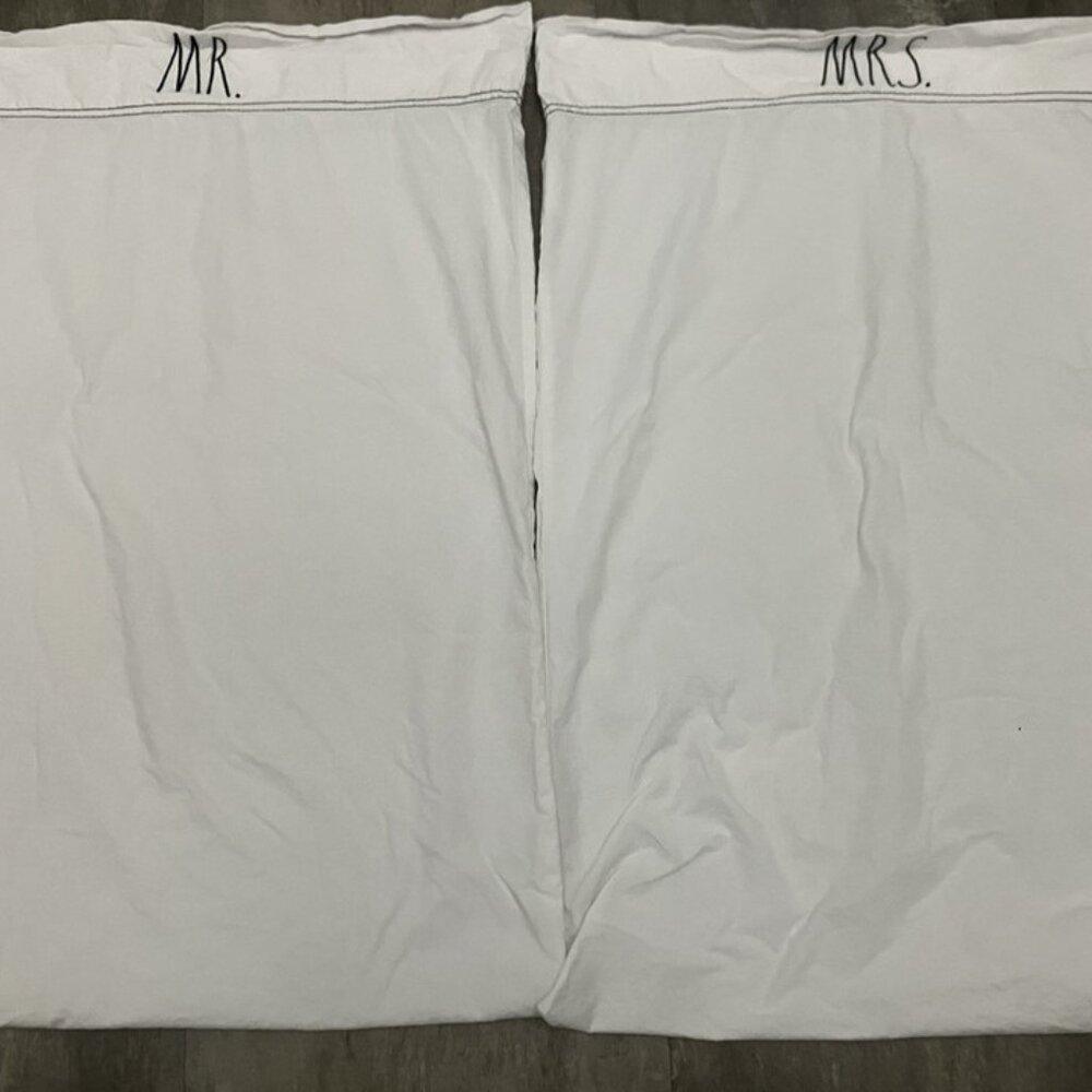 Rae Dunn Mr & Mrs  Pillow Cases Set Standard Size White Cotton Black Embroidery
